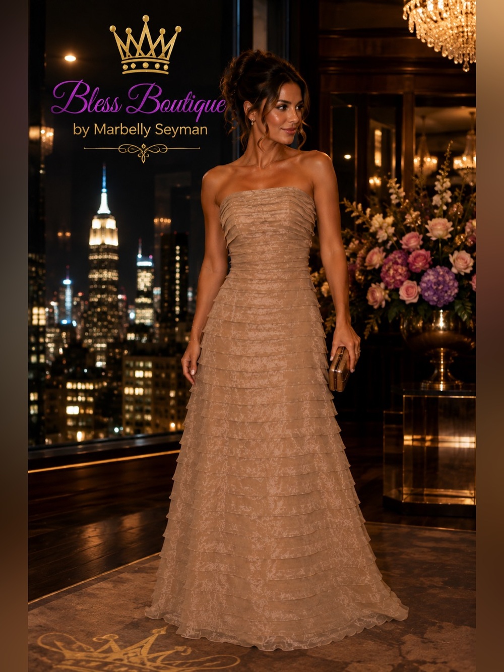 Pinky & Me Champagne Strapless Tiered Ruffle Formal Evening Gown Size 4